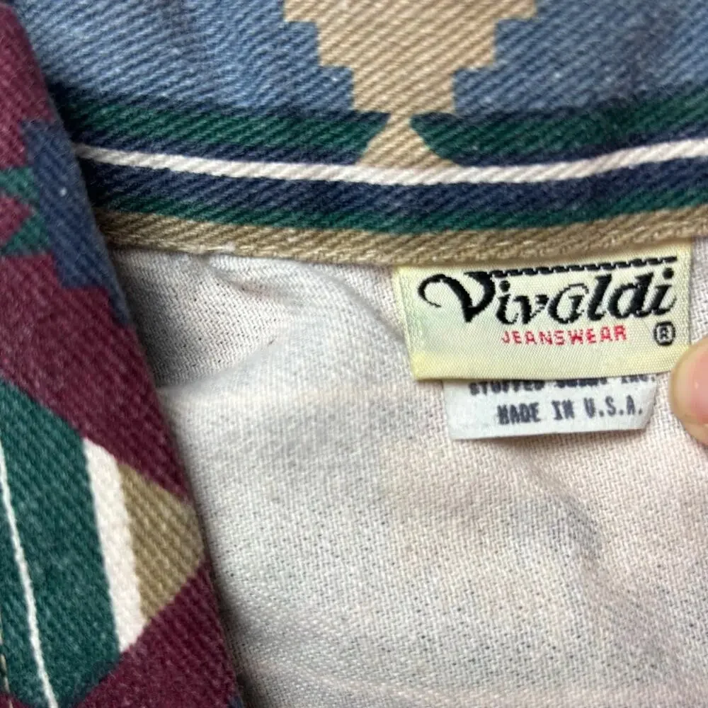 Vintage 90s Cotton Denim Jacket Aztec Tribal Southwestern Boho Jean USA Vivaldi